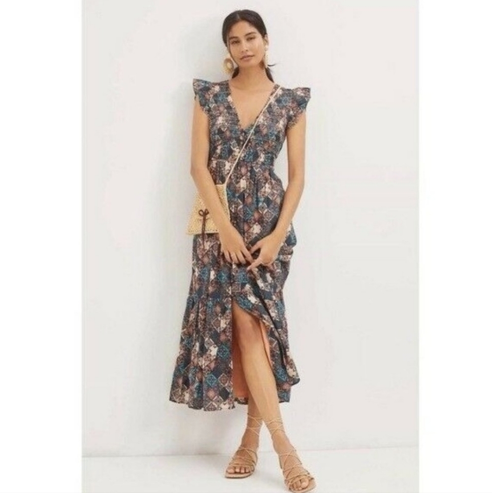 Anthropologie Ruffle Smocked Teired Button Front Cotton Midi Dress XS